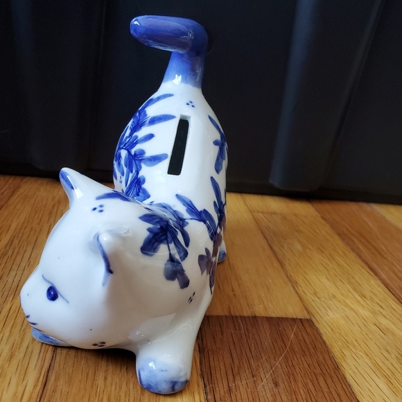 Cat kitten coin bank blue white floral print small - Picture 3 of 9
